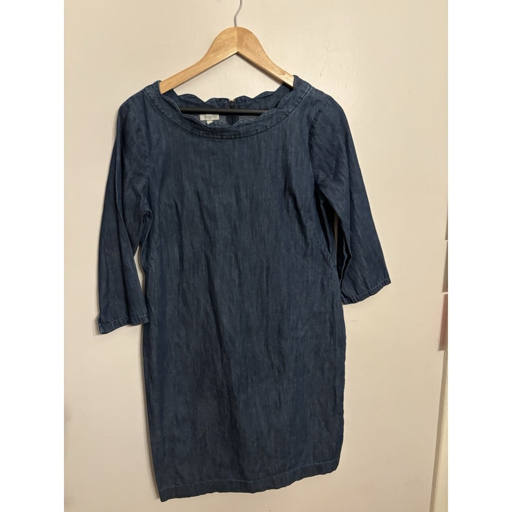 Talbots Women's Blue Chambray 3/4 Sleeve Dress Scalloped Neckline Size 6